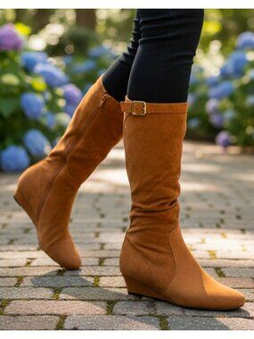 Tan Knee-High Faux Suede Wedge Boots With Side Zipper & Buckle Accent For Women
